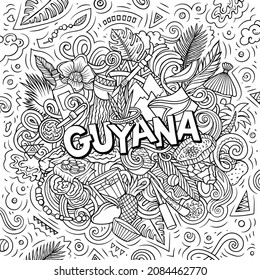 Guyana hand drawn cartoon doodle illustration. Funny local design. Creative vector background. Handwritten text with Latin American elements and objects.