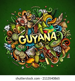 Guyana hand drawn cartoon doodle illustration. Funny local design. Creative vector background. Handwritten text with Latin American elements and objects. Colorful composition