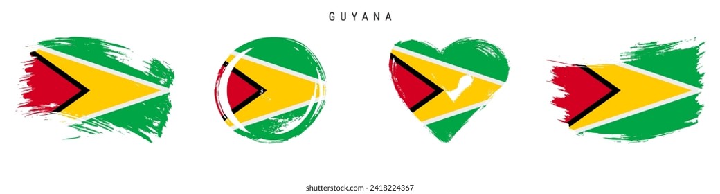 Guyana hand drawn grunge style flag icon set. Guyanese banner in official colors. Free brush stroke shape, circle and heart-shaped. Flat vector illustration isolated on white. svg