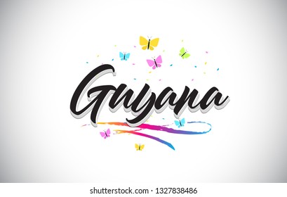 Guyana Handwritten Word Text with Butterflies and Colorful Swoosh Vector Illustration Design.
