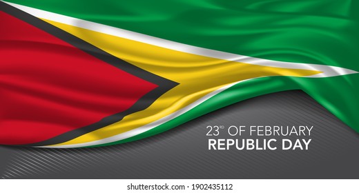 Guyana happy republic day greeting card, banner with template text vector illustration. Guyanese memorial holiday 23rd of February design element with 3D flag with green leaf svg