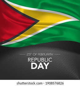 Guyana happy republic day greeting card, banner, vector illustration. Guyanese memorial holiday 23rd of February design element with realistic flag with stripes, square format