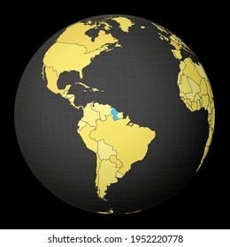 Guyana highlighted on a dark globe with a yellow world map. Satellite world projection centered on Guyana. Amazing vector illustration.