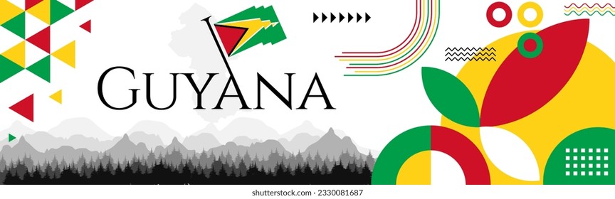The Guyana Independence Day abstract banner design with flag and map. Flag color theme geometric pattern retro modern Illustration design. Green, Yellow and Red color template.
