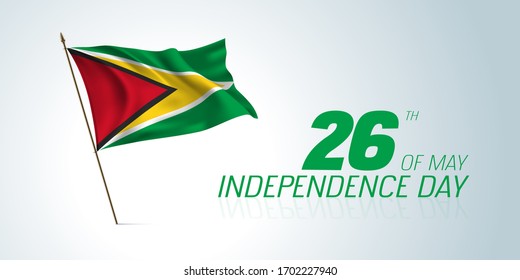 Guyana independence day greeting card, banner, horizontal vector illustration. Guyanan holiday 26th of May design element with curve flag as a symbol of independence