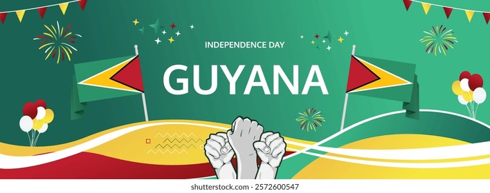 Guyana Independence Day modern greeting banner. 26 May Happy Guyana National Day. Holiday abstract concept in flag colors. Great for event like carnival, feast poster, support, culture and tourism