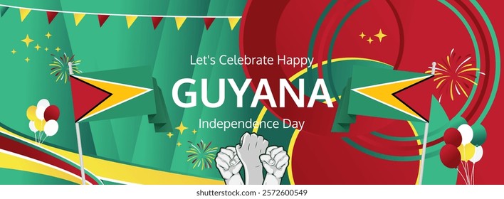 Guyana Independence Day modern greeting banner. 26 May Happy Guyana National Day. Holiday abstract concept in flag colors. Great for event like carnival, feast poster, support, culture and tourism