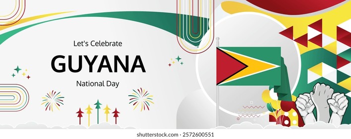 Guyana Independence Day modern greeting banner. 26 May Happy Guyana National Day. Holiday abstract concept in flag colors. Great for event like carnival, feast poster, support, culture and tourism