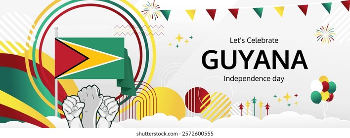 Guyana Independence Day modern greeting banner. 26 May Happy Guyana National Day. Holiday abstract concept in flag colors. Great for event like carnival, feast poster, support, culture and tourism