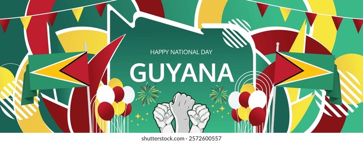 Guyana Independence Day modern greeting banner. 26 May Happy Guyana National Day. Holiday abstract concept in flag colors. Great for event like carnival, feast poster, support, culture and tourism