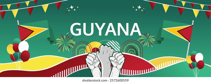 Guyana Independence Day modern greeting banner. 26 May Happy Guyana National Day. Holiday abstract concept in flag colors. Great for event like carnival, feast poster, support, culture and tourism