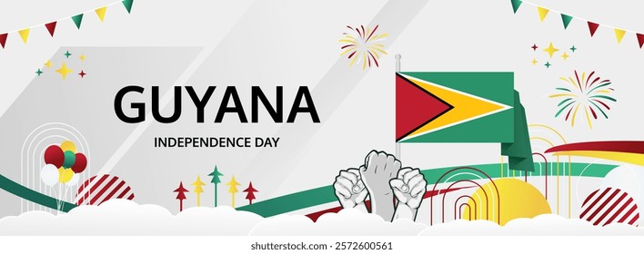 Guyana Independence Day modern greeting banner. 26 May Happy Guyana National Day. Holiday abstract concept in flag colors. Great for event like carnival, feast poster, support, culture and tourism