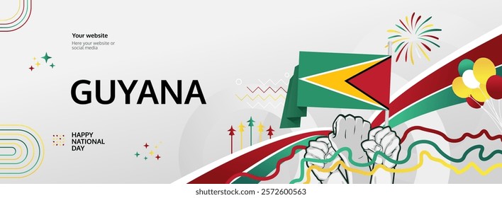 Guyana Independence Day modern greeting banner. 26 May Happy Guyana National Day. Holiday abstract concept in flag colors. Great for event like carnival, feast poster, support, culture and tourism