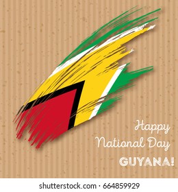 Guyana Independence Day Patriotic Design. Expressive Brush Stroke in National Flag Colors on kraft paper background. Happy Independence Day Guyana Vector Greeting Card.