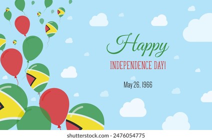 Guyana Independence Day Sparkling Patriotic Poster. Row of Balloons in Colors of the Guyanese Flag. Greeting Card with National Flags, Blue Skyes and Clouds.