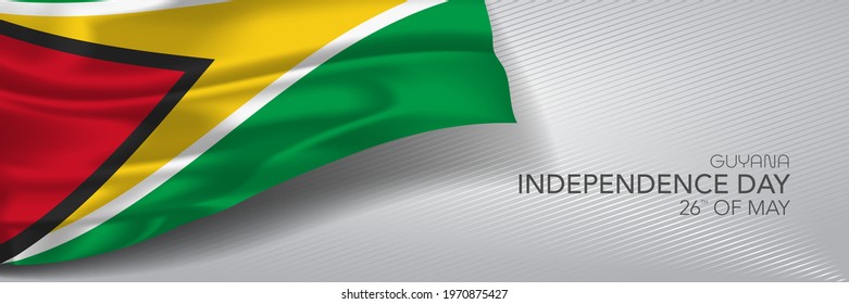 Guyana independence day vector banner, greeting card. Guyanan wavy flag in 26th of May national patriotic holiday horizontal design