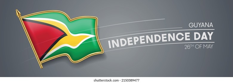 Guyana independence day vector banner, greeting card. Wavy flag in 26th of May patriotic holiday horizontal design with realistic badge