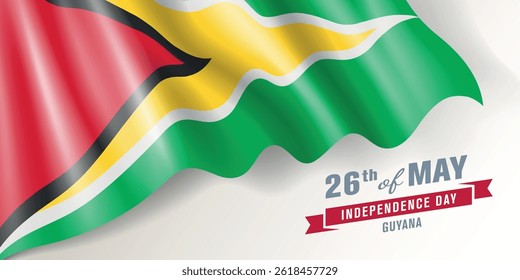 Guyana independence day vector banner, greeting card. Guyanan wavy flag in 26th of May national patriotic holiday horizontal design