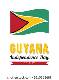 Guyana Independence Day, vector design for poster, banner or greeting card. Text Guyana Independence Day, 26 may and flag of Guyana isolated on white background.