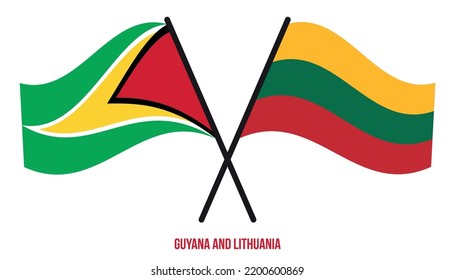 Guyana and Lithuania Flags Crossed And Waving Flat Style. Official Proportion. Correct Colors.