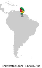 Guyana Location Map on map South America. 3d Guyana flag map marker location pin. High quality map of Guyana.  Vector illustration EPS10.