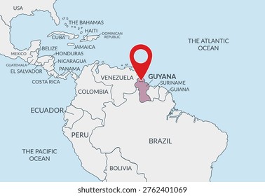 Guyana location on the political map of America with pin location marker3. Vector flat template.