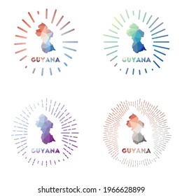 Guyana low poly sunburst set. Logo of the country in a geometric polygonal style. Vector illustration.