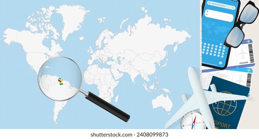 Guyana is magnified over a World Map, illustration with airplane, passport, boarding pass, compass and eyeglasses. Vector illustration.