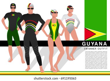 Guyana : Male and Female Swimmers : Swimmers in National Swimsuits : Vector Illustration