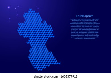 Guyana map from 3D classic blue color cubes isometric abstract concept, square pattern, angular geometric shape, glowing stars. Vector illustration.
