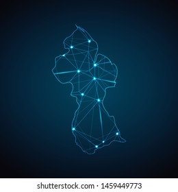 Guyana Map - Abstract geometric mesh polygonal network line, structure and point scales on dark background with lights in the form of cities. Vector illustration eps 10.