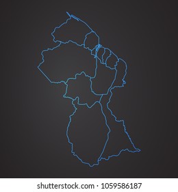 Guyana map: blue glitter outline with sparkling stars on dark background. Detailed map of Guyana. Vector illustration.