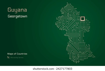 Guyana Map with a capital of Georgetown Shown in a Microchip Pattern with processor. E-government. World Countries vector maps. Microchip Series	