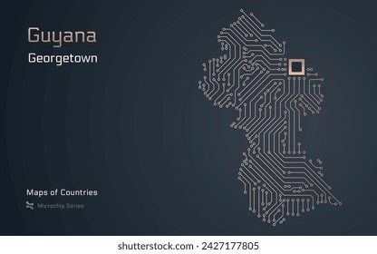 Guyana Mapa con la capital de Georgetown Mostrado en un Patrón de Microchip con procesador. Gobierno electrónico. Mapas vectoriales de Países Mundiales. Serie de microchips	