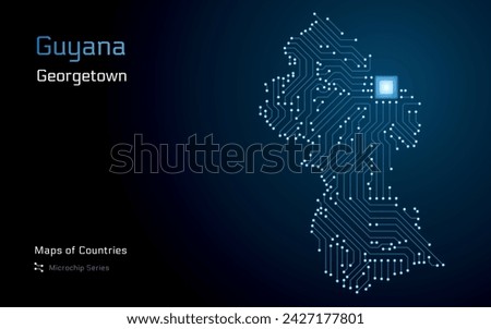 Guyana Map with a capital of Georgetown Shown in a Microchip Pattern with processor. E-government. World Countries vector maps. Microchip Series	