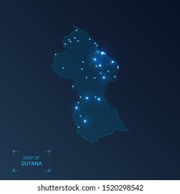 Guyana map with cities. Luminous dots - neon lights on dark background. Vector illustration. 