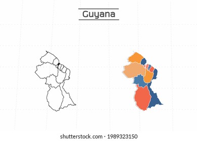 Guyana map city vector divided by colorful outline simplicity style. Have 2 versions, black thin line version and colorful version. Both map were on the white background.
