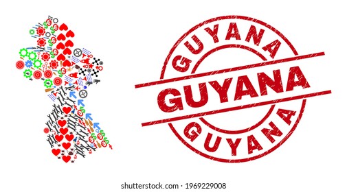 Guyana map collage and rubber Guyana red circle seal. Guyana stamp uses vector lines and arcs. Guyana map collage contains gears, houses, lamps, suns, people, and more symbols.