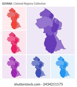 Guyana map collection. Country shape with colored regions. Deep Purple, Red, Pink, Purple, Indigo, Blue color palettes. Border of Guyana with provinces for your infographic. Vector illustration.