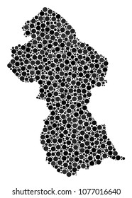 Guyana Map composition of circle elements in variable sizes. Randomized dots are combined into Guyana Map illustration. Vector geographic map design concept.