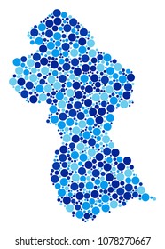 Guyana Map composition of filled circles in various sizes and blue shades. Random spheric items are composed into Guyana Map illustration. Vector geographical blue map vector illustration.