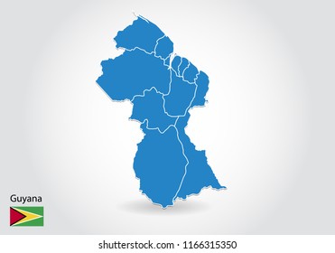 guyana map design with 3D style. Blue guyana map and National flag. Simple vector map with contour, shape, outline, on white.