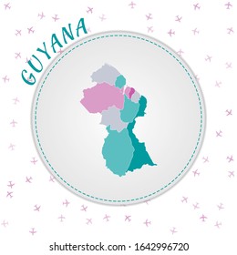Guyana map design. Map of the country with regions in emerald-amethyst color palette. Rounded travel to Guyana poster with country name and airplanes background. Awesome vector illustration.