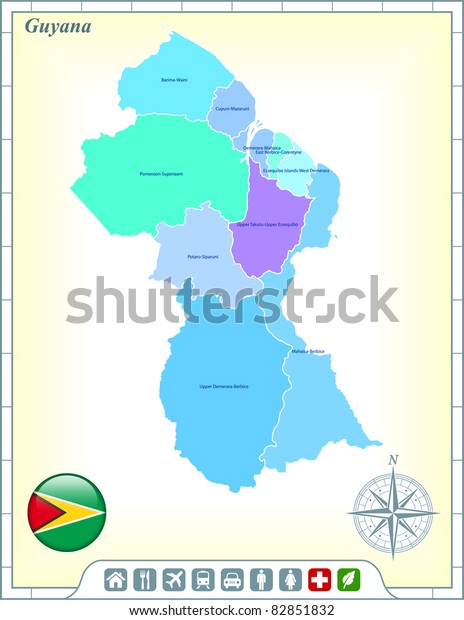 Guyana Map with Flag Buttons and\
Assistance & Activates Icons Original\
Illustration