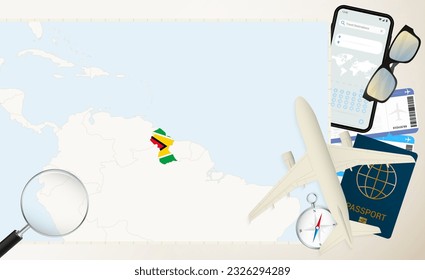 Guyana map and flag, cargo plane on the detailed map of Guyana with flag, passport, magnifying glass and airplane. Vector template.