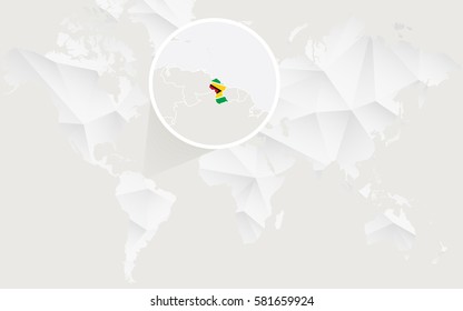 Guyana map with flag in contour on white polygonal World Map. Vector Illustration.