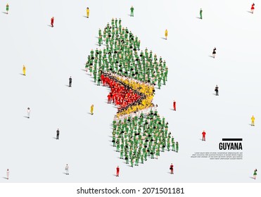 Guyana Map and Flag. A large group of people in the Guyana flag color form to create the map. Vector Illustration.