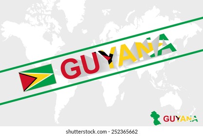 Guyana map flag and text illustration, on world map