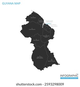 Guyana map high detailed with administrative divide by state, capital cities names, outline simplicity style. Vector illustration EPS10.