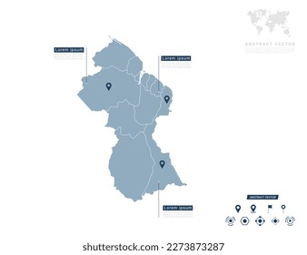 Guyana map of infographic blue Navigator pin location checking communication information plan position.